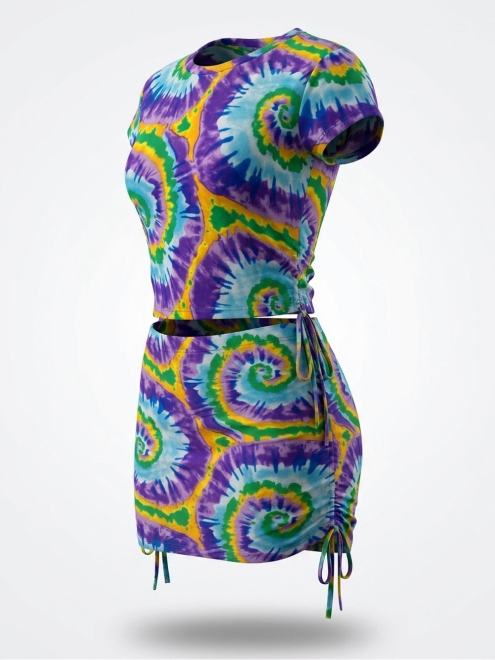 Tie-Dye Spiral Short Sleeve Mini Skirt Set - Multicolor